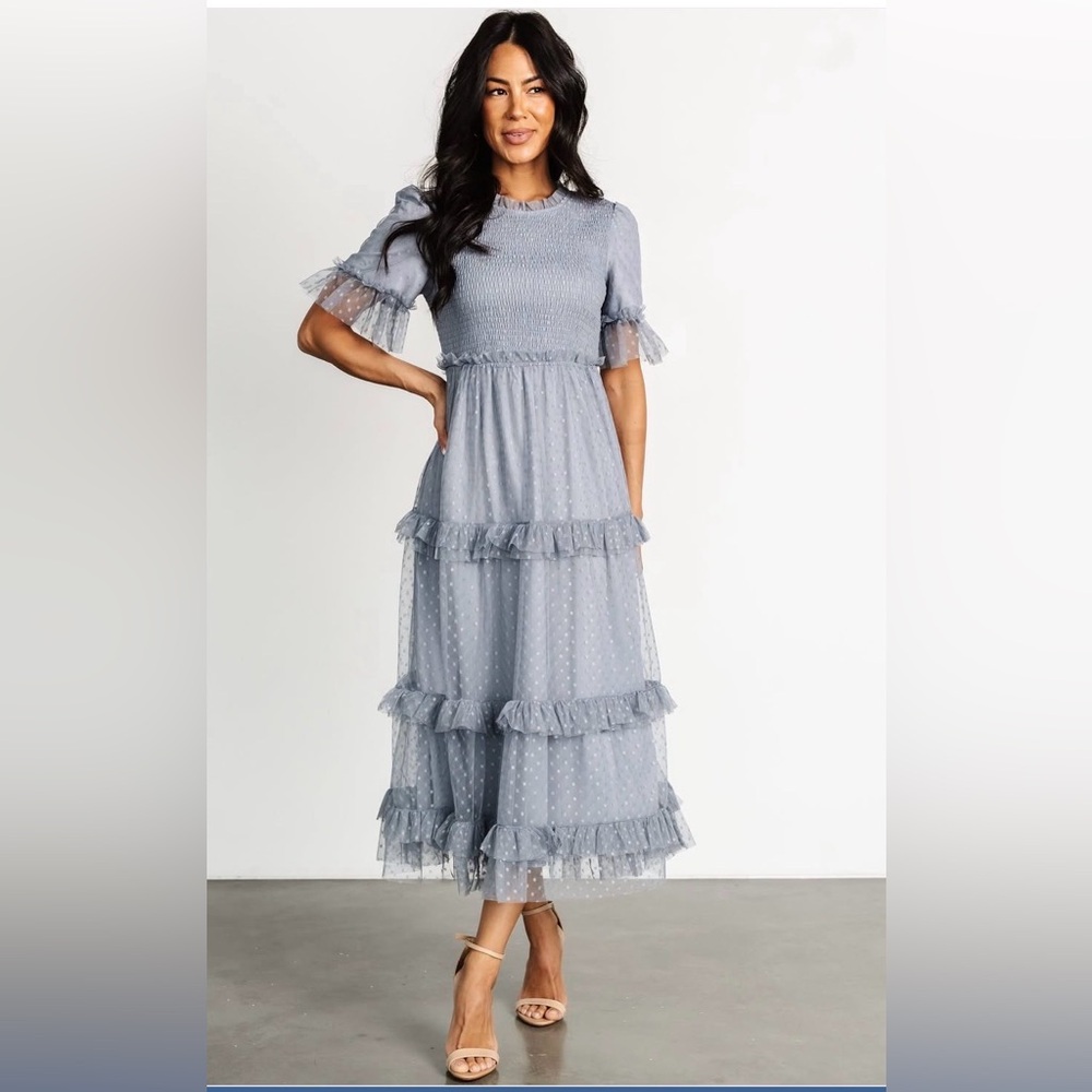 Deauville Lysandra Smocked Midi Dot Tulle Slate Grey Dress Size Small